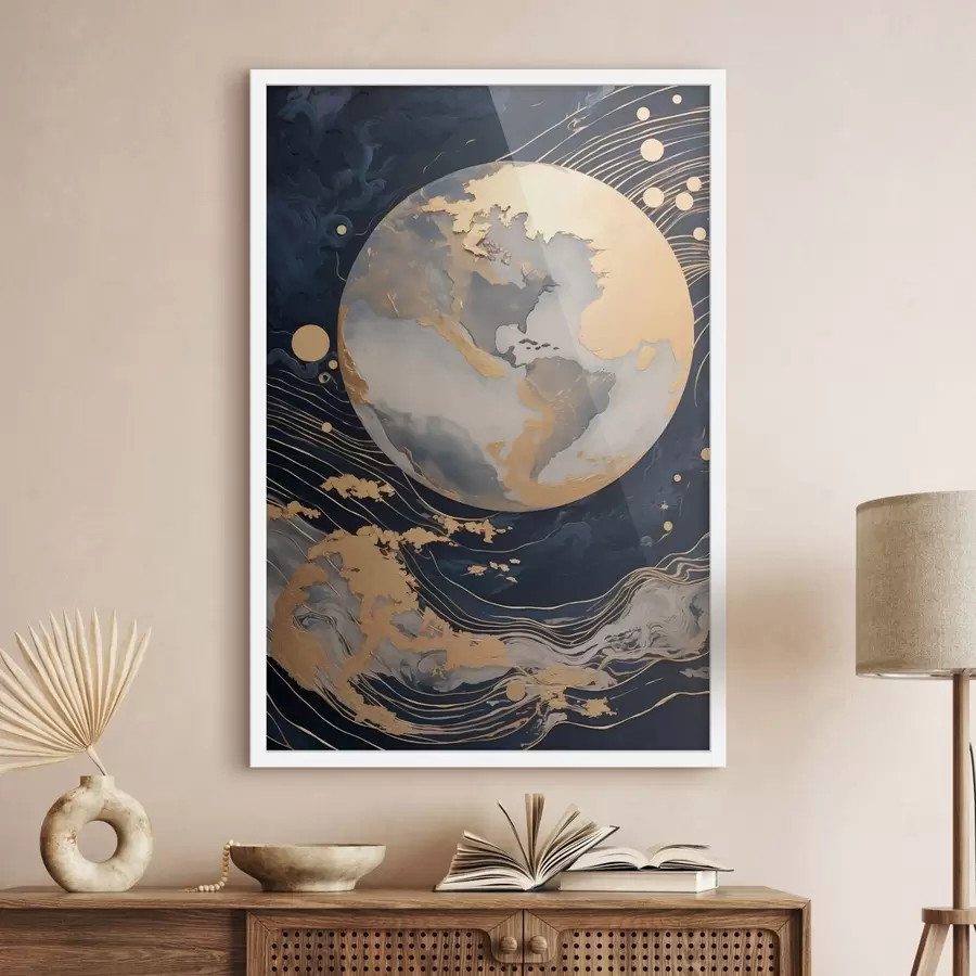 Fotobehang Getextureerde decoratieve planeet met gele lijnen op de achtergrond, gele stippen op de achtergrond, donkere achtergrond f46708