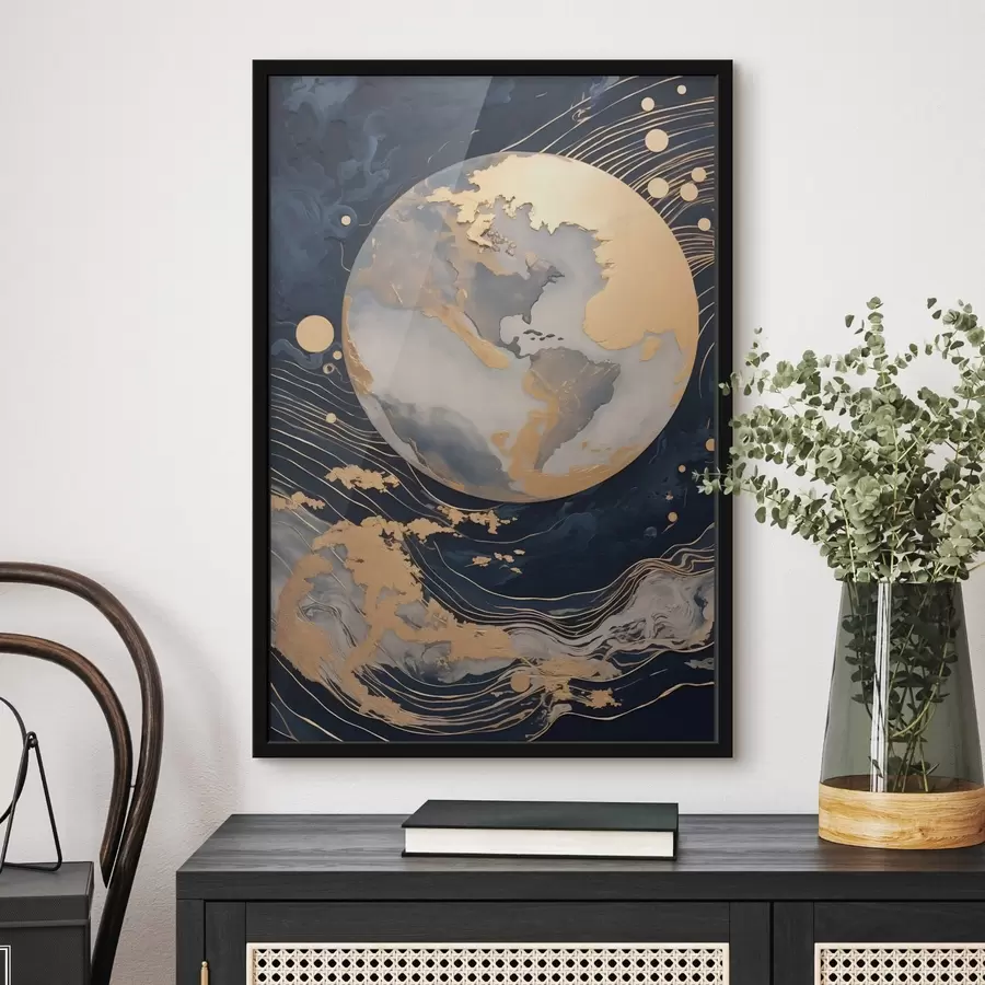 Fotobehang Getextureerde decoratieve planeet met gele lijnen op de achtergrond, gele stippen op de achtergrond, donkere achtergrond f46708
