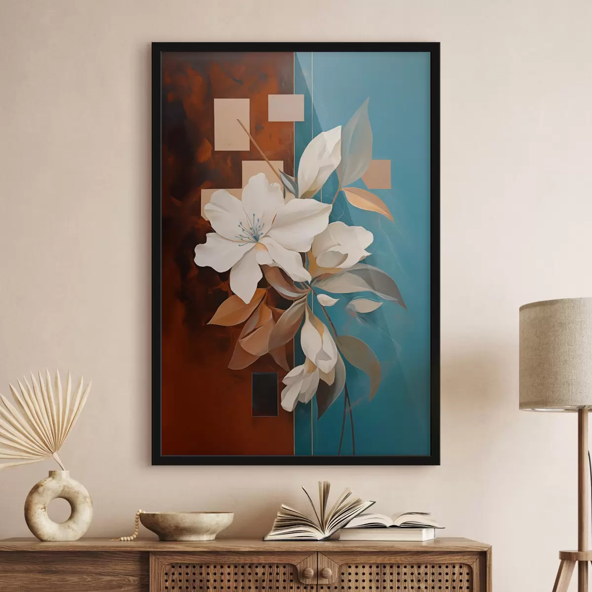 Poster Abstracte witte bloemen en bladeren tegen een achtergrond van bruin en blauw met abstracte vormen, in een minimalistische stijl f46709