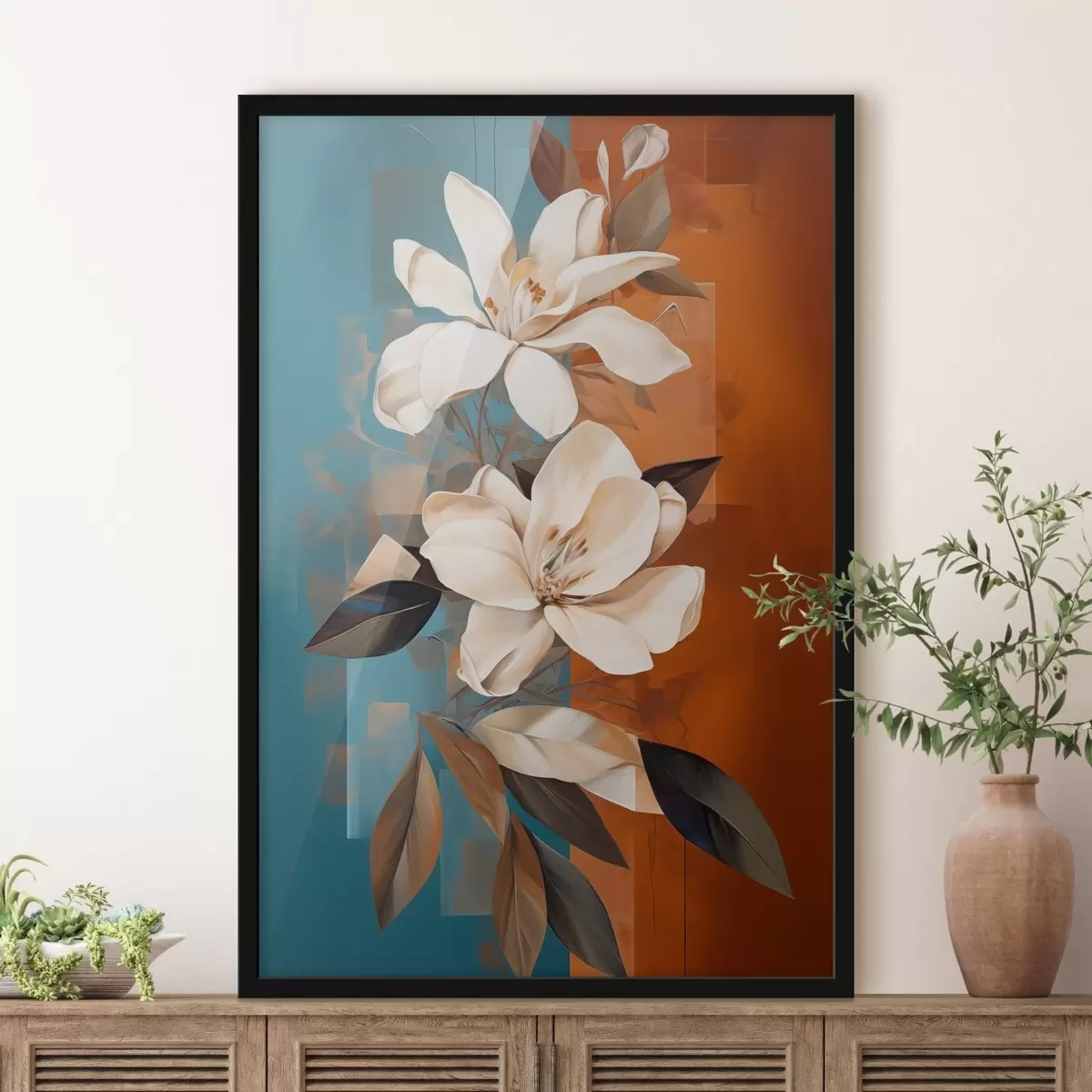 Poster Abstracte witte bloemen en bladeren tegen een achtergrond van bruin en blauw met abstracte vormen, in een minimalistische stijl f46710