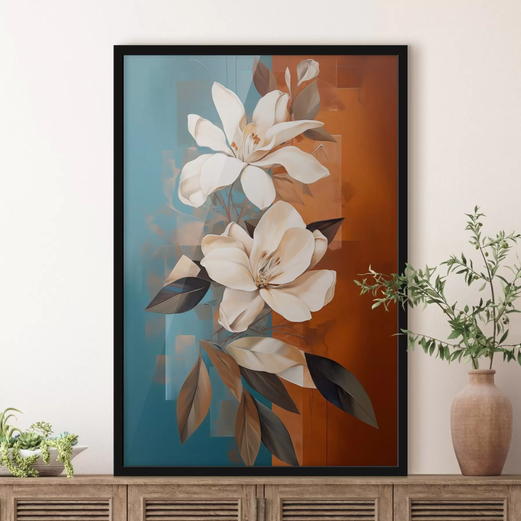 Fotobehang Abstracte witte bloemen en bladeren tegen een achtergrond van bruin en blauw met abstracte vormen, in een minimalistische stijl f46710