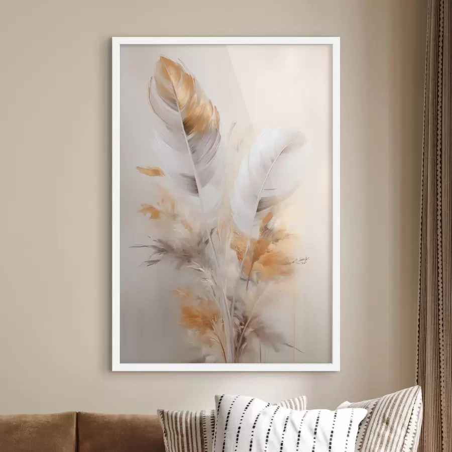 Fotobehang Abstracte veren, omgeven door beige en bruine pluimen, zacht en delicaat, op een lichtbeige achtergrond f46711