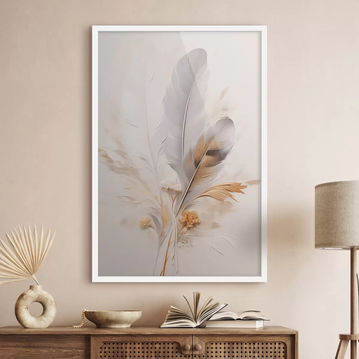 Poster Abstracte veren, omgeven door beige en bruine pluimen, zacht en delicaat, op een lichtbeige achtergrond f46712