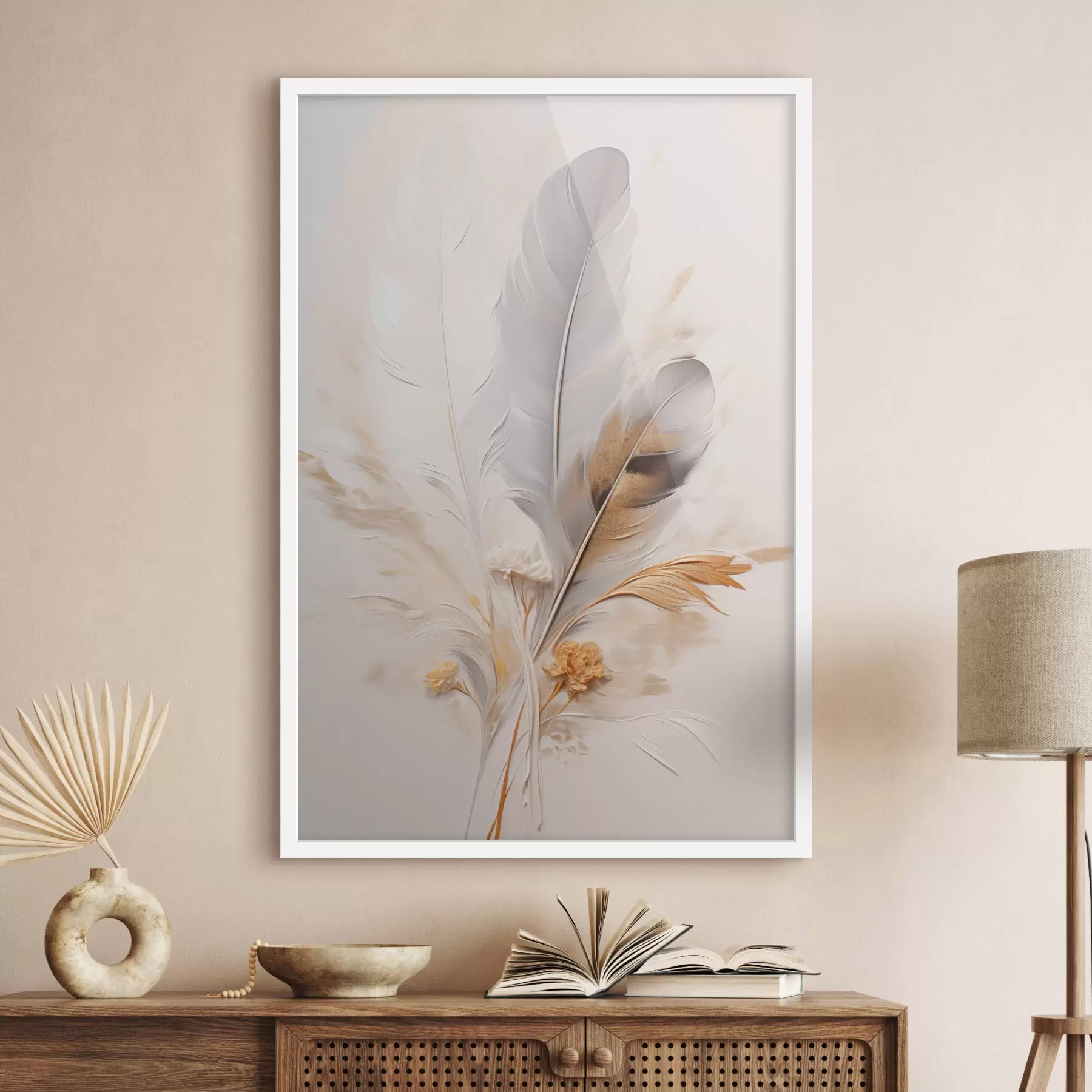 Fotobehang Abstracte veren, omgeven door beige en bruine pluimen, zacht en delicaat, op een lichtbeige achtergrond f46712