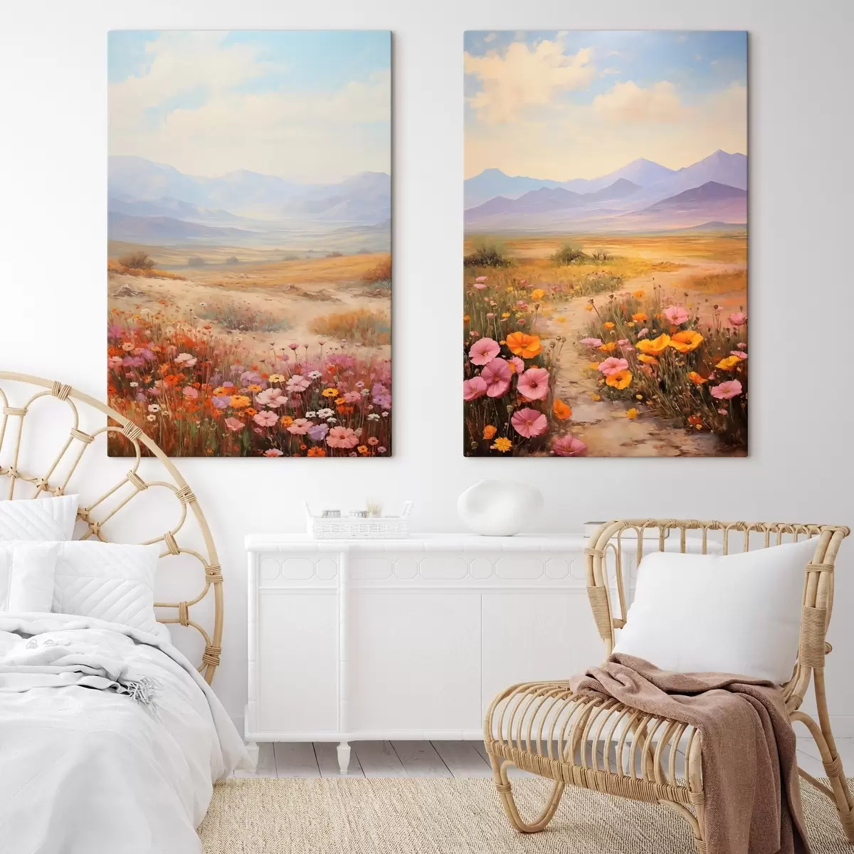  Schilderijen Landschap, een veld met kleurrijke bloemen en bergen op de achtergrond, zachte pastelkleuren m01003