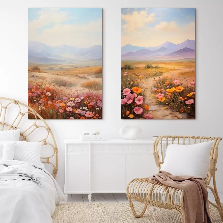  Schilderijen Landschap, een veld met kleurrijke bloemen en bergen op de achtergrond, zachte pastelkleuren m01003