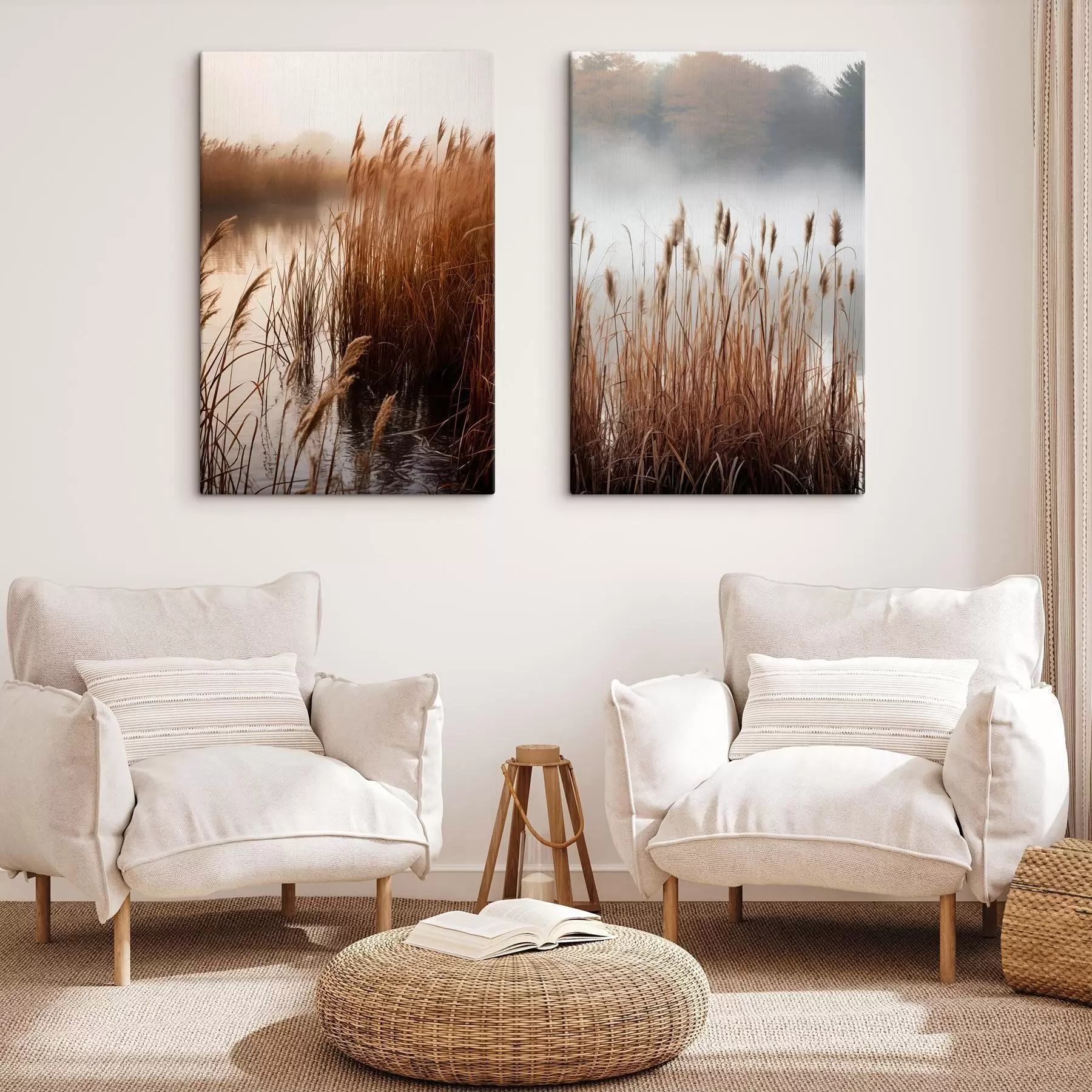  Schilderijen Hoge rietstengels groeien in een watermassa, het water weerspiegelt het riet, mistige achtergrond, zacht licht, natuurtafereel m01008