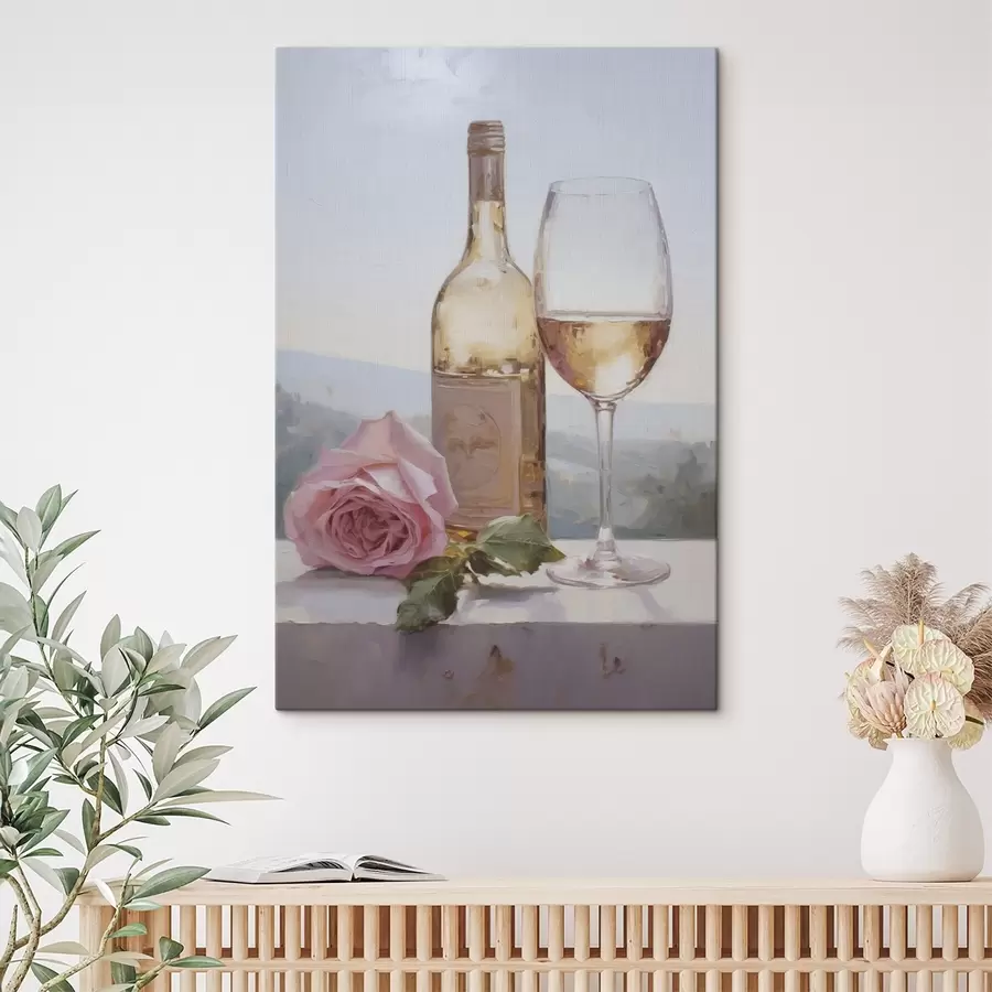  Schilderijen Een fles en een glas wijn en een kleine hond met een bril, imitatie schilderij s46721