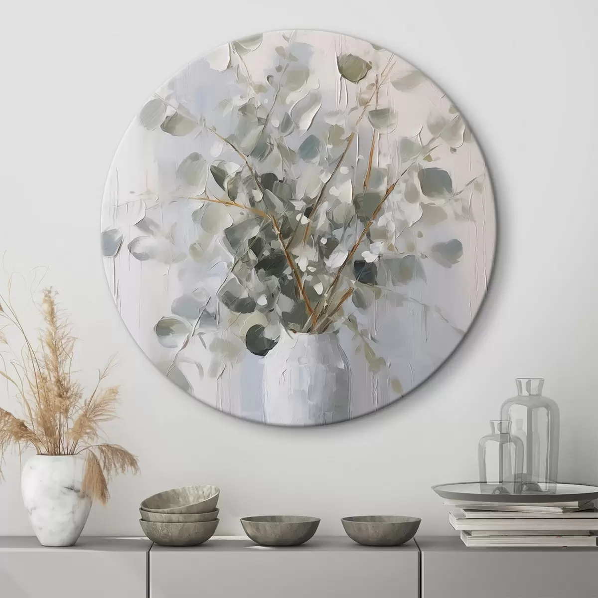 Ronde schilderijen Takken met bladeren in een vaas, imitatie schilderij r46720