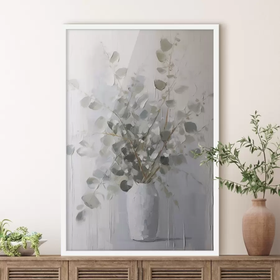 Fotobehang Takken met bladeren in een vaas, imitatie schilderij f46720