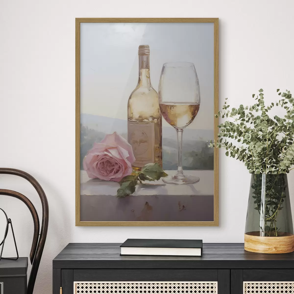 Poster Een fles en een glas wijn en een kleine hond met een bril, imitatie schilderij f46721