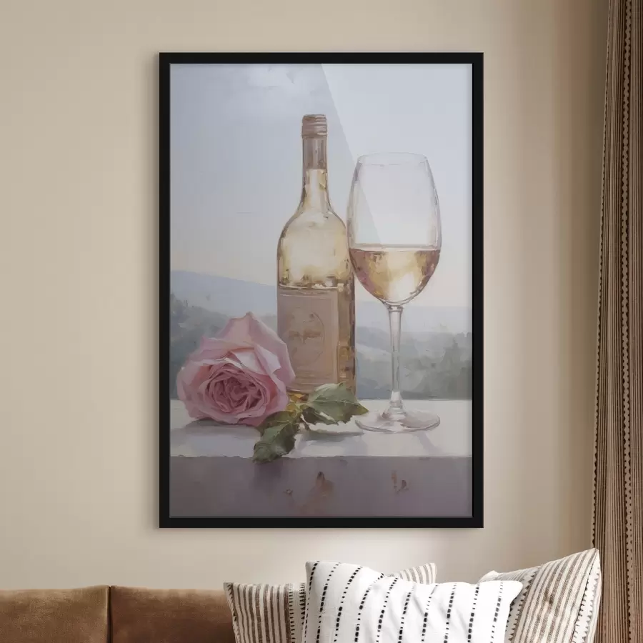 Fotobehang Een fles en een glas wijn en een kleine hond met een bril, imitatie schilderij f46721