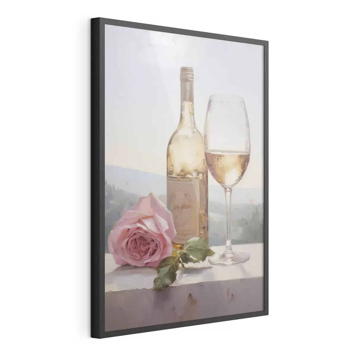 Poster Een fles en een glas wijn en een kleine hond met een bril, imitatie schilderij f46721