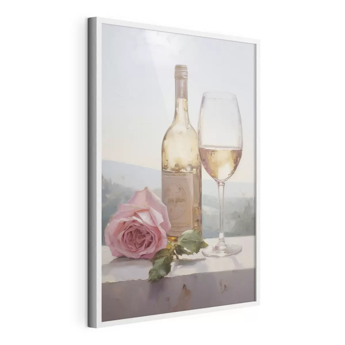 Poster Een fles en een glas wijn en een kleine hond met een bril, imitatie schilderij f46721