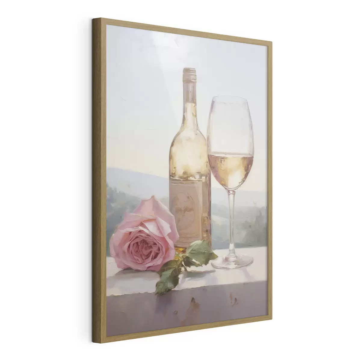 Poster Een fles en een glas wijn en een kleine hond met een bril, imitatie schilderij f46721
