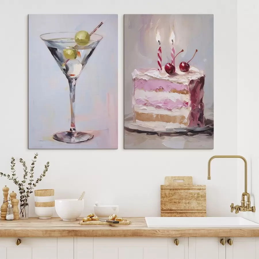  Schilderijen Een glas met een drankje en een stuk taart imitatie schilderij m01019