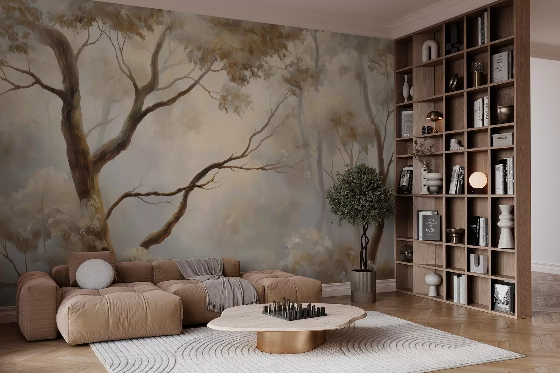 Fotobehang Het bos in de lichte ochtendmist. Een delicaat sfeervol schilderij in de stijl van een artistiek landschap w04817