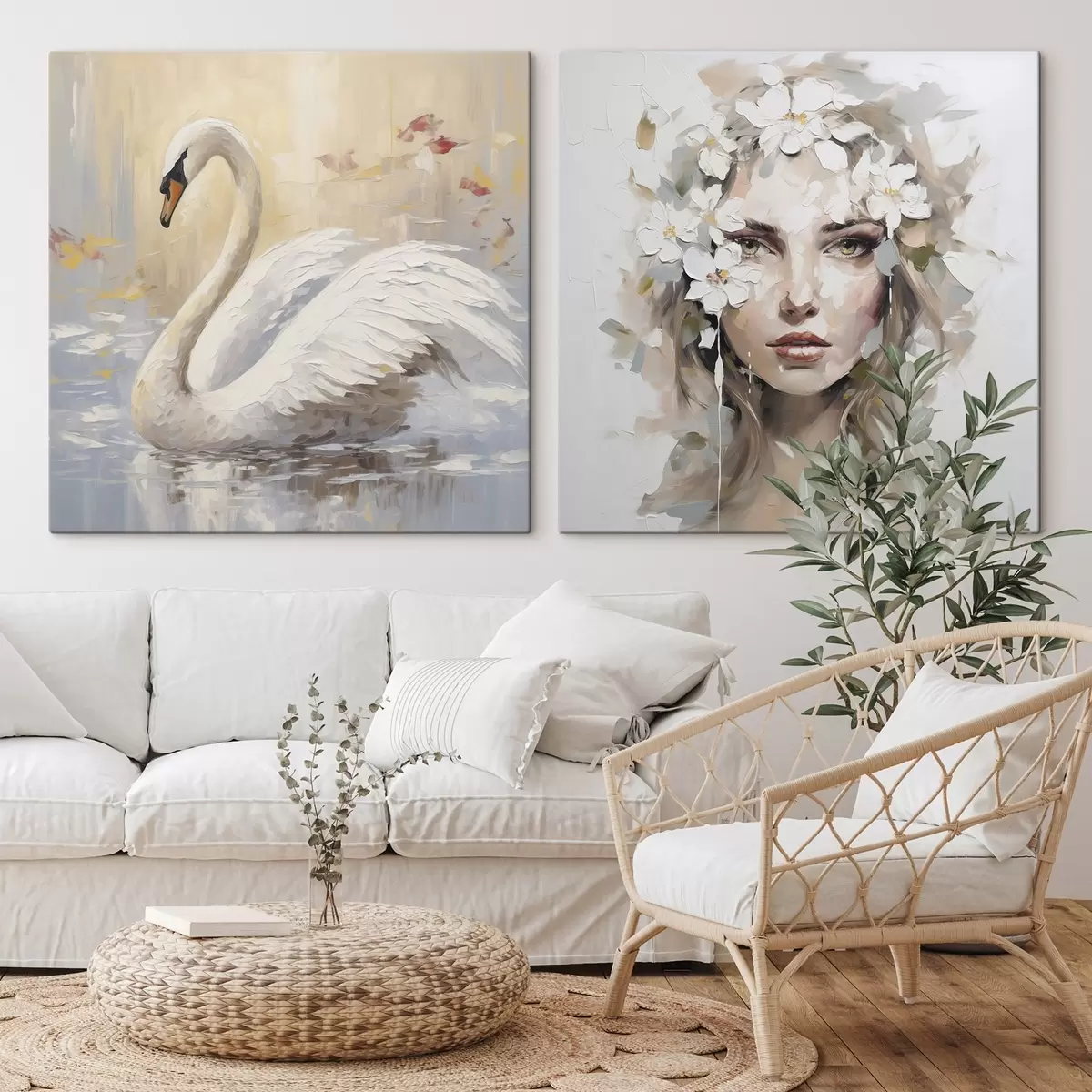  Schilderijen Zwaan en portret van een meisje, imitatie schilderij m01030