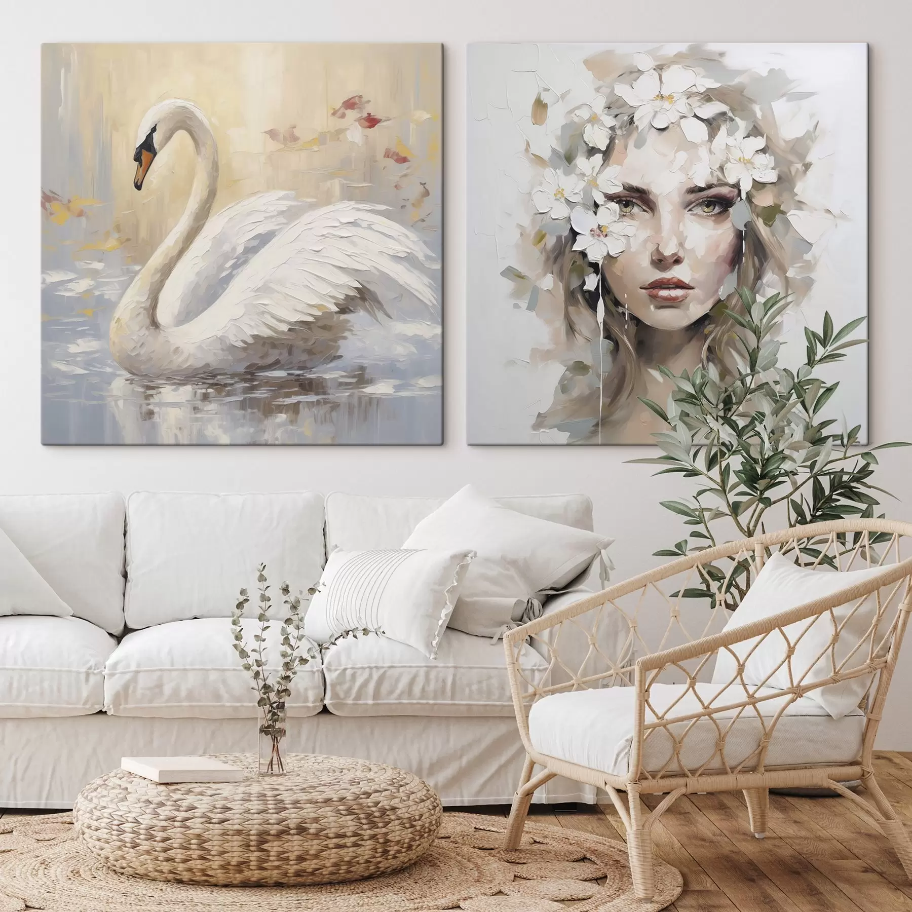  Schilderijen Zwaan en portret van een meisje, imitatie schilderij m01030