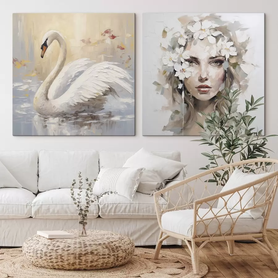  Schilderijen Zwaan en portret van een meisje, imitatie schilderij m01030