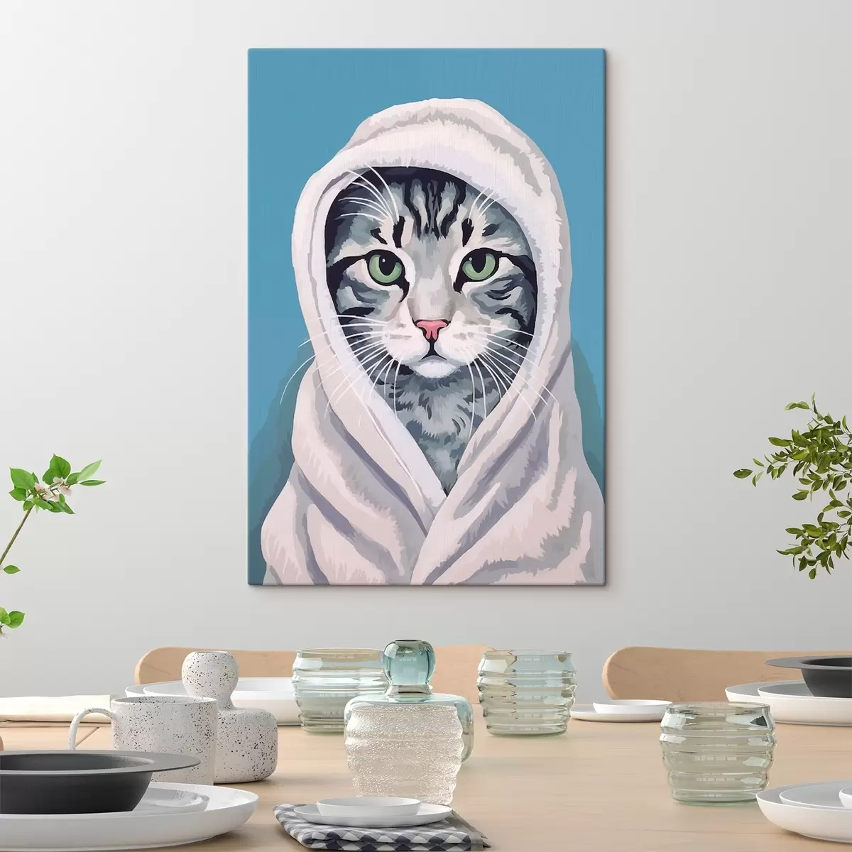  Schilderijen Gestreepte kat in een witte handdoek s46740