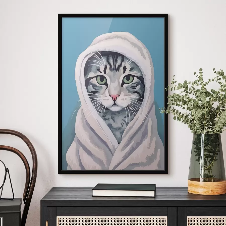 Fotobehang Gestreepte kat in een witte handdoek f46740