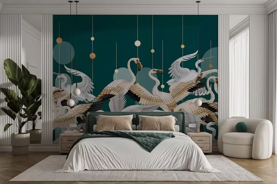 Fotobehang Een zwerm witte flamingo's met delicate vleugels, tegen een donkerblauwgroene achtergrond met gele lijnen en cirkels. w09546