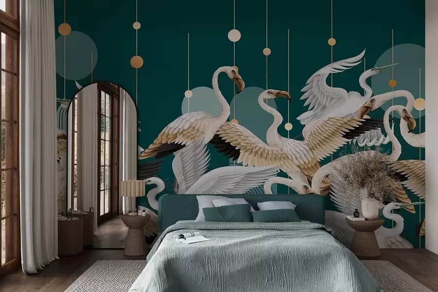 Fotobehang Een zwerm witte flamingo's met delicate vleugels, tegen een donkerblauwgroene achtergrond met gele lijnen en cirkels w09546