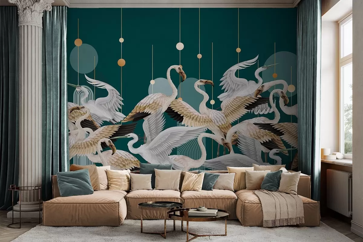 Fotobehang Een zwerm witte flamingo's met delicate vleugels, tegen een donkerblauwgroene achtergrond met gele lijnen en cirkels. w09546
