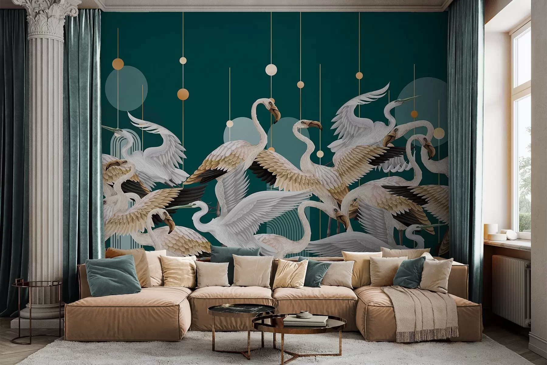 Fotobehang Een zwerm witte flamingo's met delicate vleugels, tegen een donkerblauwgroene achtergrond met gele lijnen en cirkels. w09546