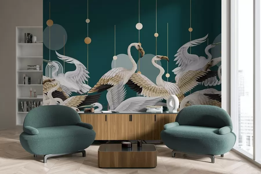 Fotobehang Een zwerm witte flamingo's met delicate vleugels, tegen een donkerblauwgroene achtergrond met gele lijnen en cirkels w09546