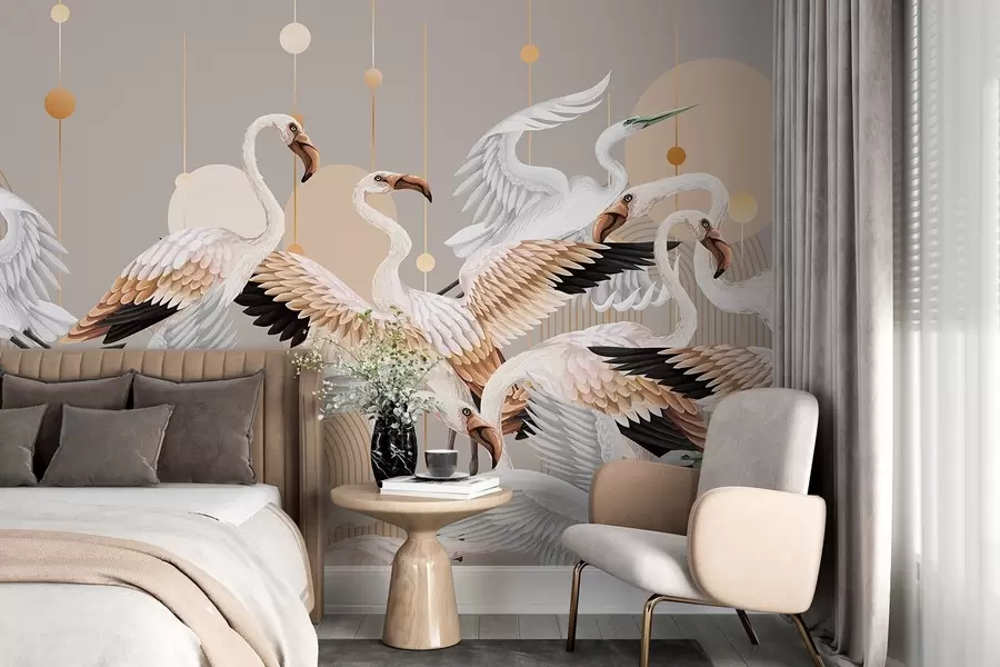 Fotobehang Een zwerm witte flamingo's met delicate vleugels, tegen een neutrale achtergrond met gele lijnen en cirkels w09546v1