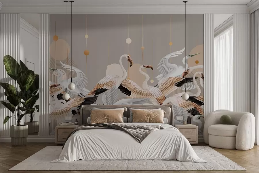Fotobehang Een zwerm witte flamingo's met delicate vleugels, tegen een neutrale achtergrond met gele lijnen en cirkels w09546v1