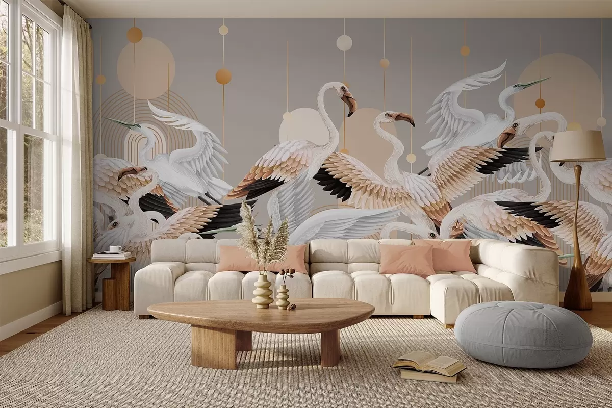 Fotobehang Een zwerm witte flamingo's met delicate vleugels, tegen een neutrale achtergrond met gele lijnen en cirkels. w09546v1