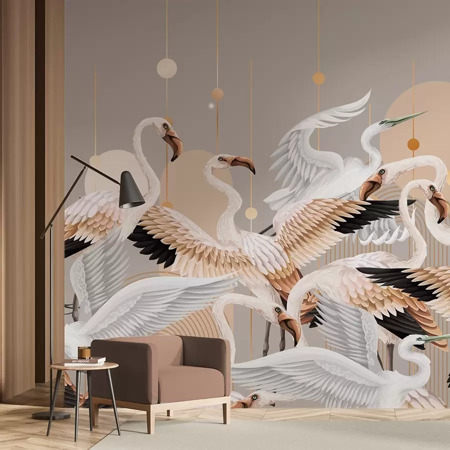 Fotobehang Een zwerm witte flamingo's met delicate vleugels, tegen een neutrale achtergrond met gele lijnen en cirkels w09546v1