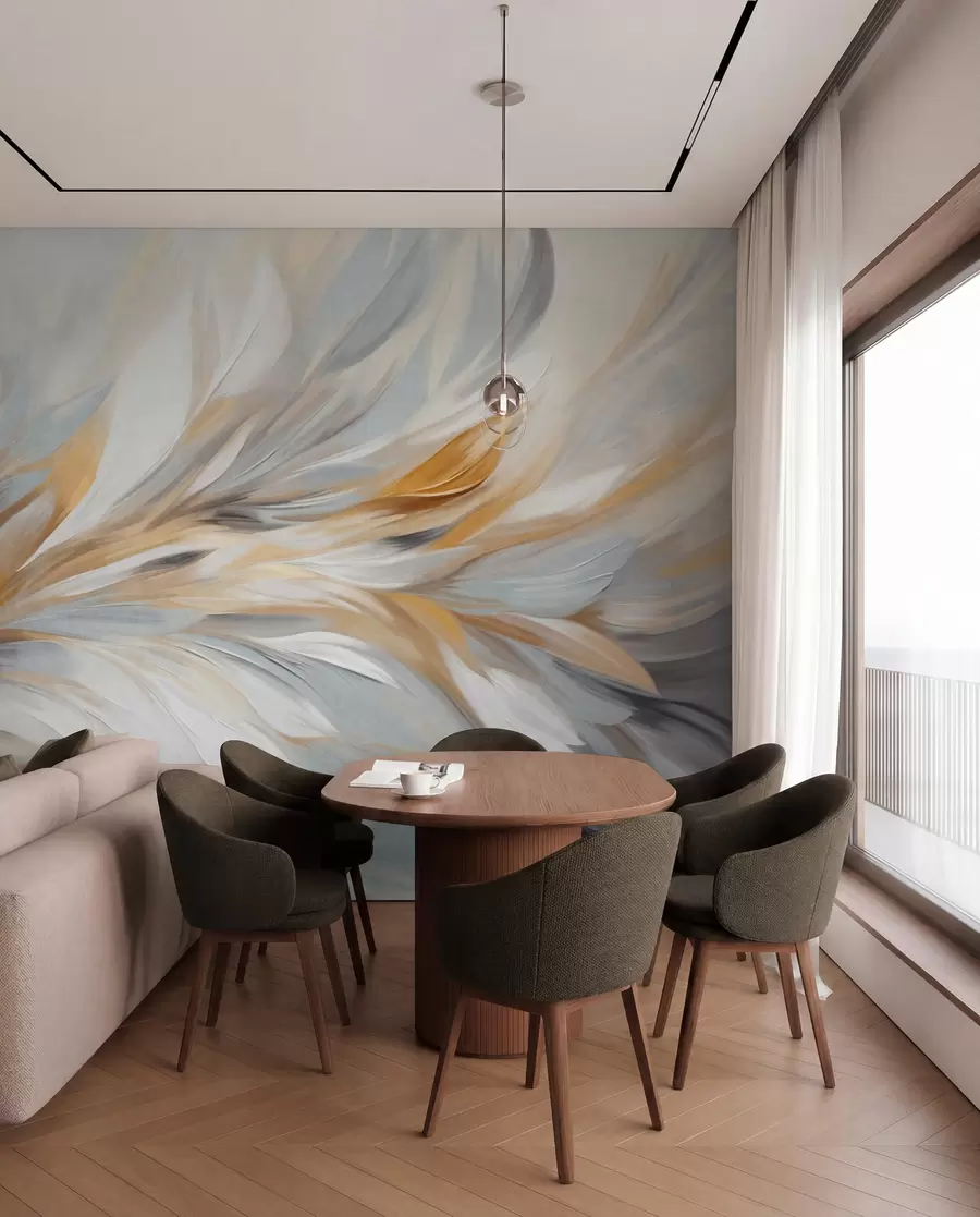 Fotobehang Abstracte schilderstijl met witte, gele en grijze penseelstreken met textuur op een zachte, lichte achtergrond w09552