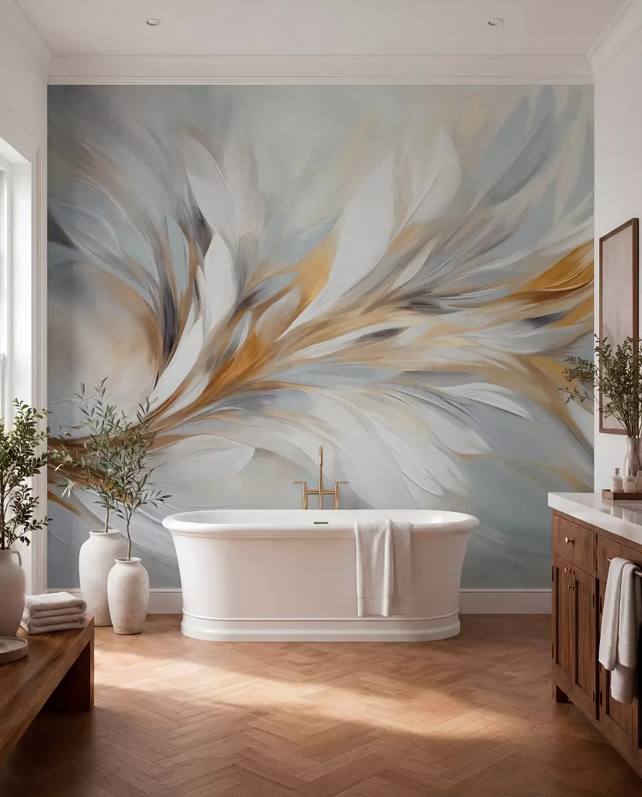 Fotobehang Abstracte schilderstijl met witte, gele en grijze penseelstreken met textuur op een zachte, lichte achtergrond w09552