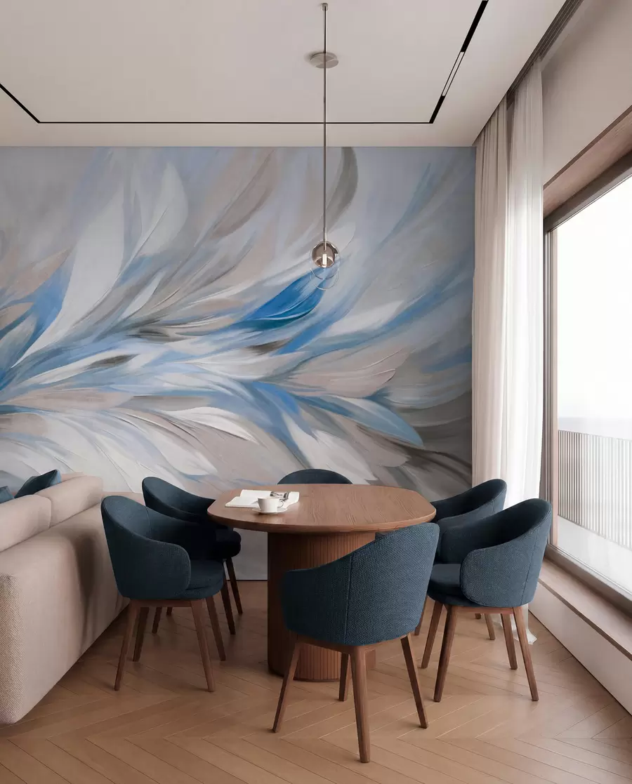 Fotobehang Abstracte schilderstijl met witte, blauwe en grijze penseelstreken met textuur op een zachte, lichte achtergrond w09552v1