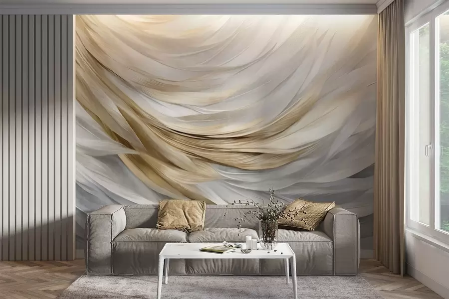 Fotobehang Abstracte getextureerde witte, grijze en gele veren, die een vloeiend, gelaagd patroon vormen tegen een lichte achtergrond w09557