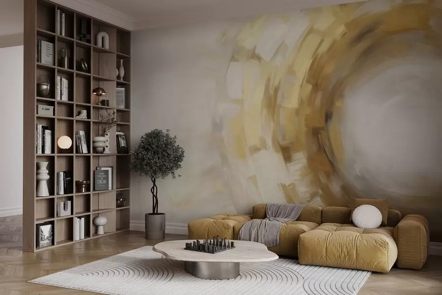 Fotobehang Abstracte schilderijimitatie met cirkelvormige, gestructureerde penseelstreken in geel en wit, die een gevoel van beweging creëren w09558