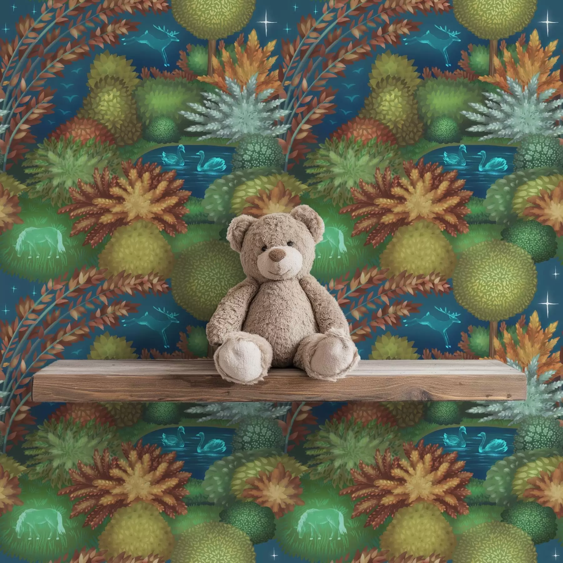 Fotobehang Sprookjesachtige nachtelijke tuin met een meer en gloeiende dieren a00851