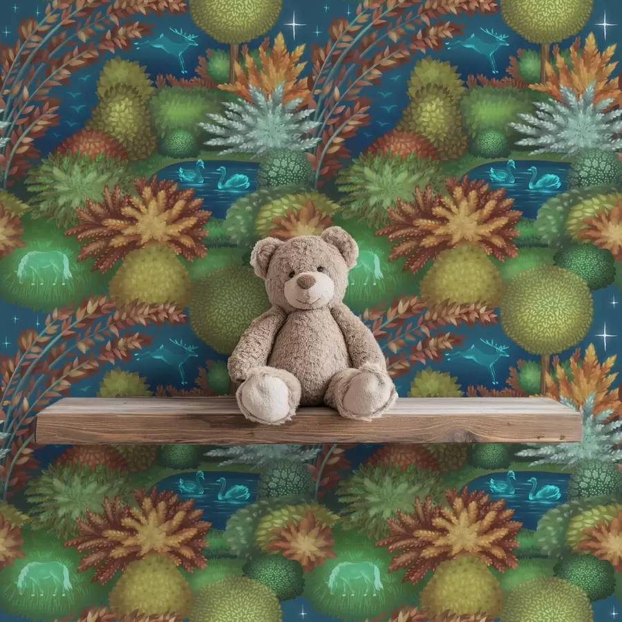 Fotobehang Sprookjesachtige nachtelijke tuin met een meer en gloeiende dieren a00851