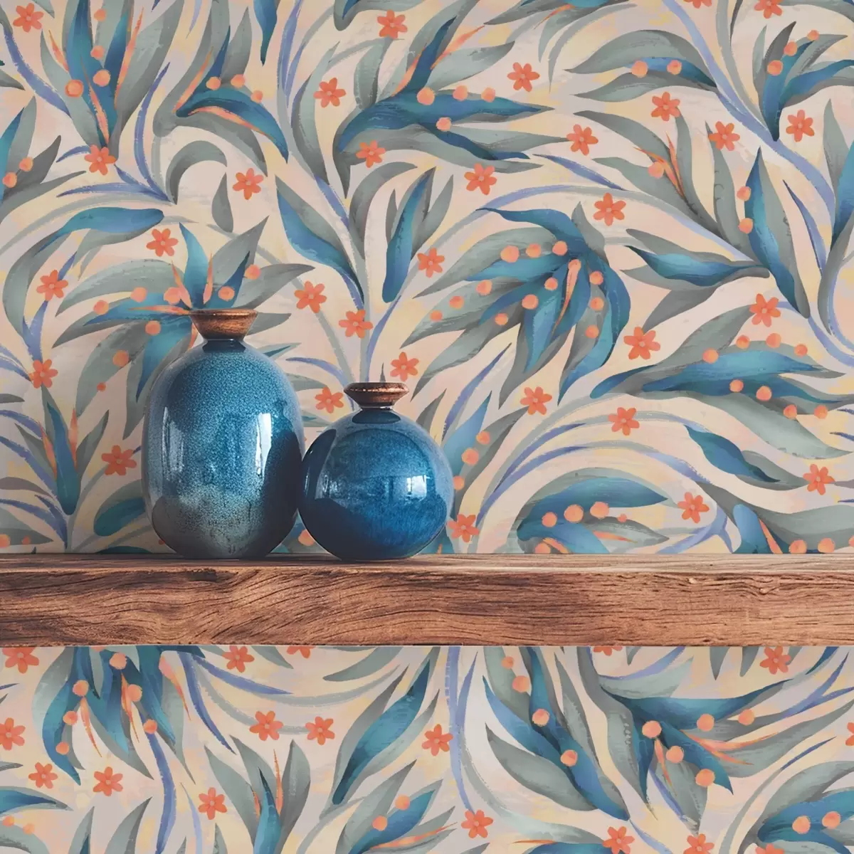 Behang Abstract blauw gebladerte met koraalkleurige bloemen a00852