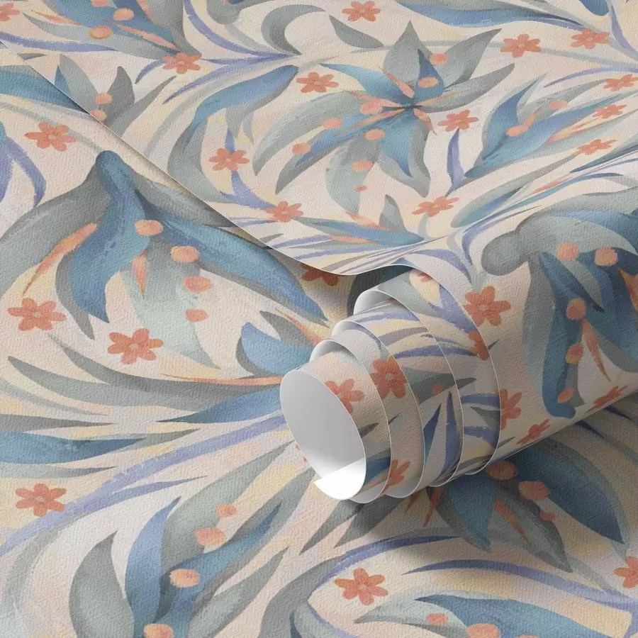 Fotobehang Abstract blauw gebladerte met koraalkleurige bloemen a00852