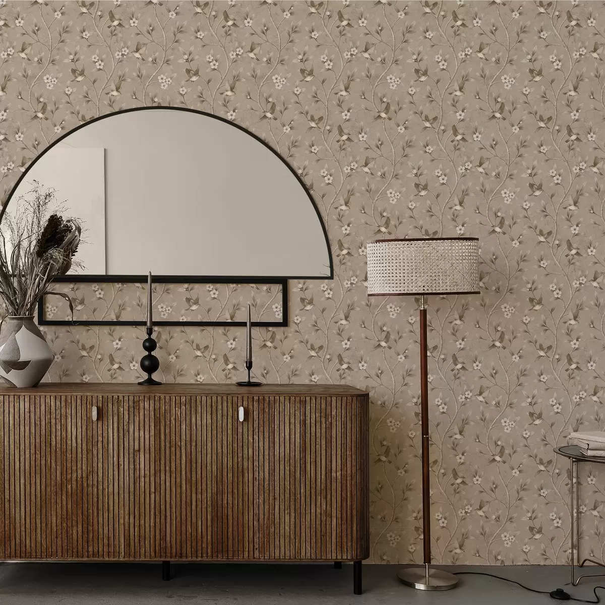 Behang Vogels en bloeiende takken in warme sepia-tinten a00882