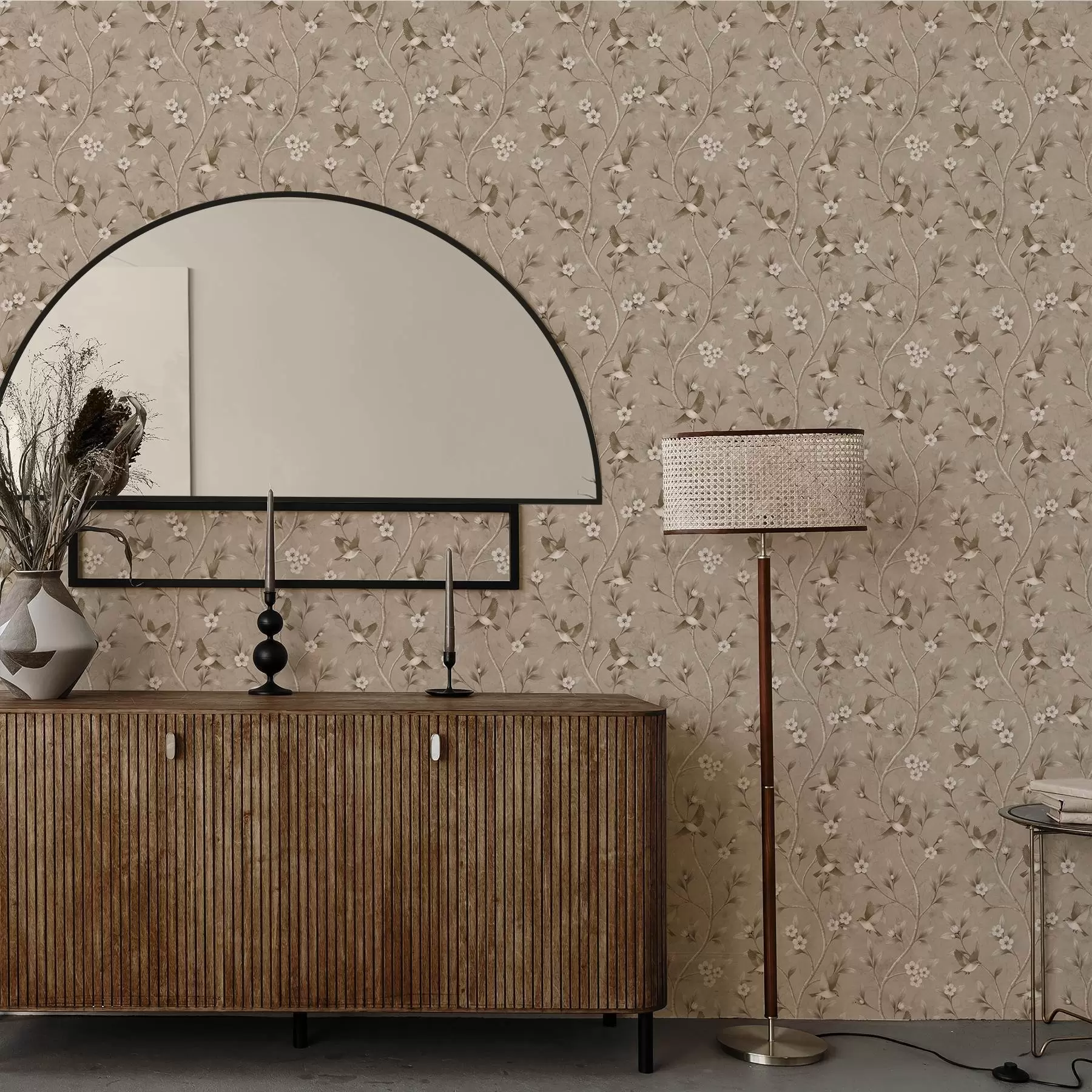 Fotobehang Vogels en bloeiende takken in warme sepia-tinten a00882