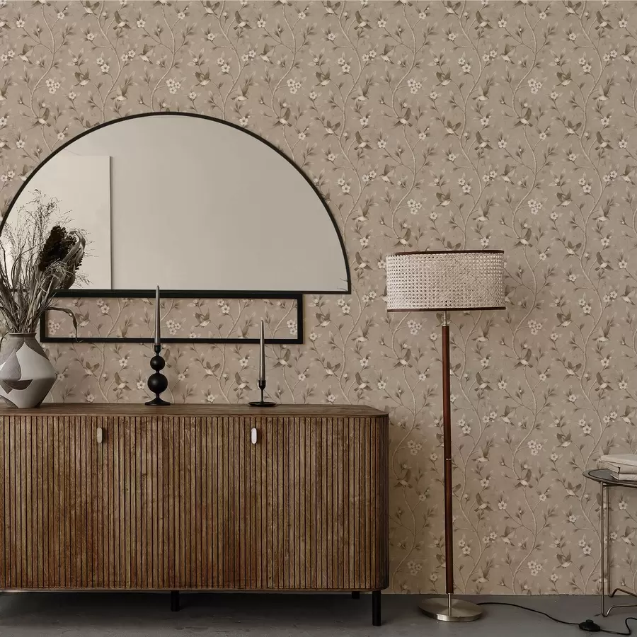 Fotobehang Vogels en bloeiende takken in warme sepia-tinten a00882