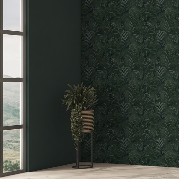 Behang Donkergroene achtergrond met doorschijnende bladeren, Behang bloemen, a00888 : Uwalls.nl