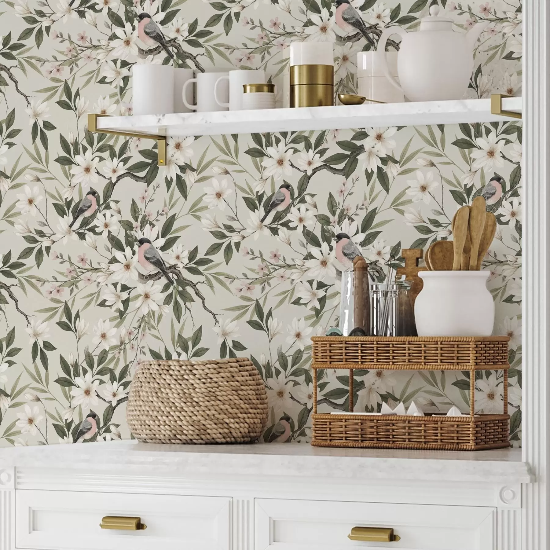 Fotobehang Goudvinken met witte borstjes op takken met crèmekleurige bloemen a00889