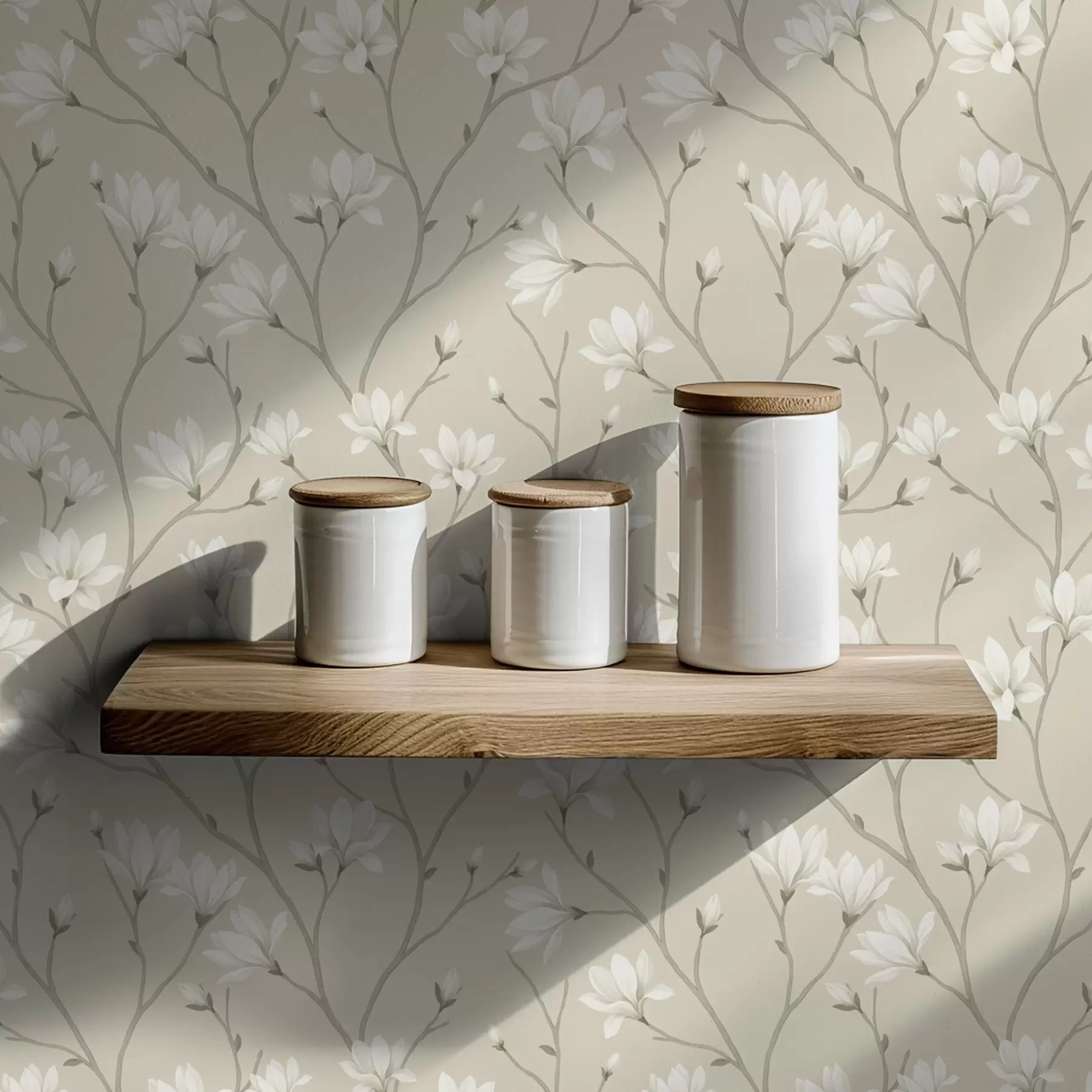 Fotobehang Lichte magnolia's op slanke beige takken a00890